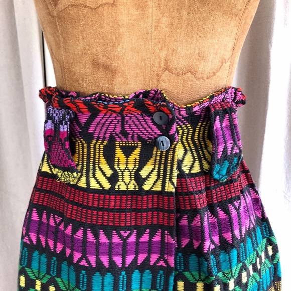 Vintage 80s/90s Woven Ethnic Cinched High Waist Fringe Hem Pencil Midi Skirt - Picture 3 of 8